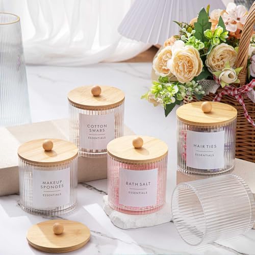 6 Pcs Plastic Holder Dispenser Bathroom Jars with Bamboo Lids, Wood Color