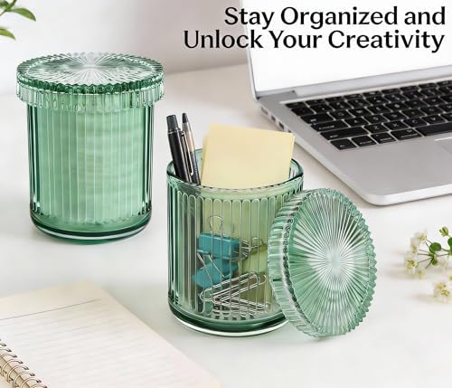 2 Pack Glass Qtip Holder Dispenser Set - Bathroom Organizer for Cotton Swabs, Balls, Pads, Floss Picks - Clear Apothecary Jars for Vanity, Makeup Storage, Bathroom Accessories Decor (Green)