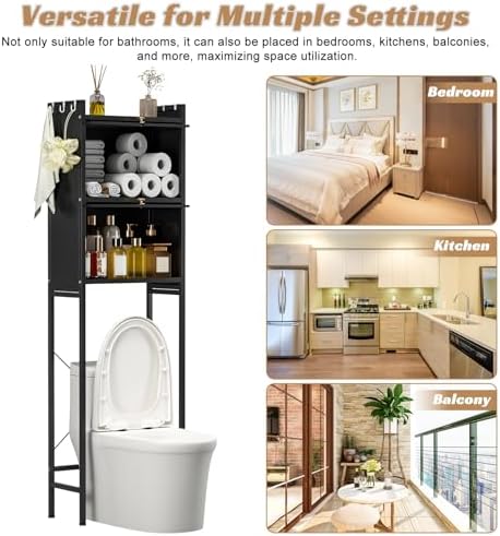 Over the Toilet Storage Cabinet, Above Toilet Storage Rack with Doors, 3-Tier Large Capacity Bathroom Organizer Shelf, Metal Waterproof Bathroom Rack for Home, Restroom, Laundry Black