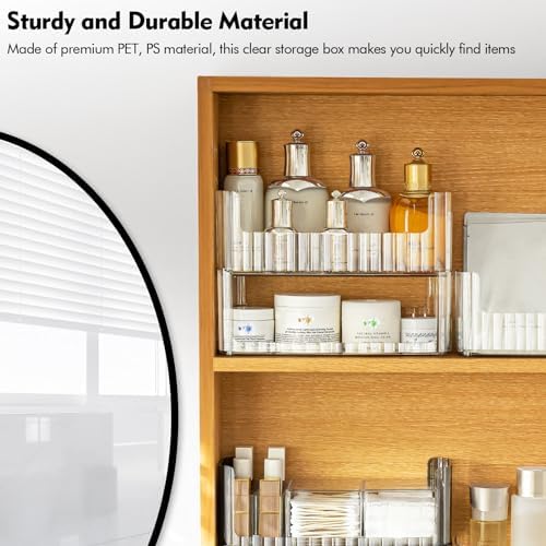 Poeland 2 Pack Stackable Makeup Organizer Tray, Transparent Cosmetic Display Case with 2 Lipstick Cases and 2 Cotton Swab Pad Boxes, Medicine Cabinet Shelves Organizer