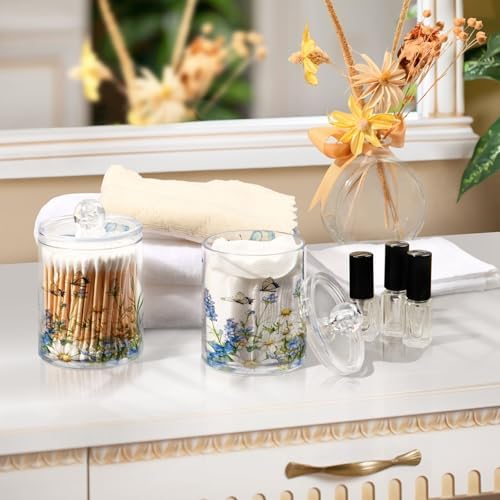 MNSRUU 4 Pack Qtip Holder Organizer Dispenser Spring Wildflowers and Leaf Bathroom Containers Bathroom Vanity Storage Canister Apothecary Jars for Cotton Swabs/Pads/Floss