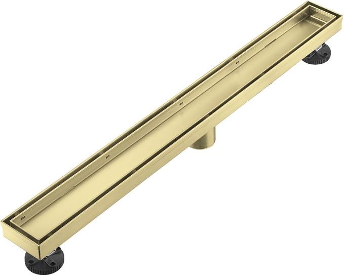 AVSIILE Linear Shower Floor Drain, Brushed Gold 28 Inch 304 Stainless Steel Bathroom Drains Kit, Rectangular Shower Trench Drain with Reversable Tile-in Pattern Drain Cover & Hair Catcher