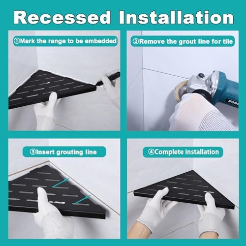 10" Corner Shower Shelf, 1-Pack Bathroom Shelves for Tile Walls, SUS304 Stainless Steel Recessed Shower Shelf, Grout in Corner Organizer Shelves, Matte Black