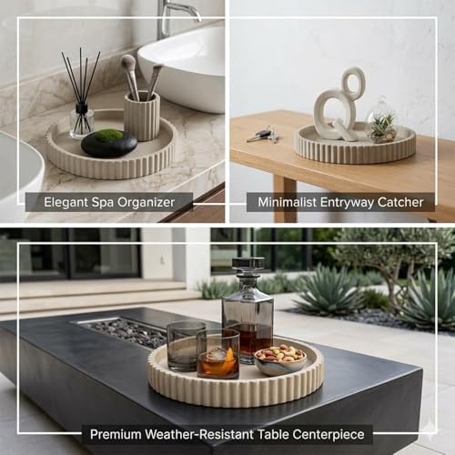 Round Solid Concrete Tray, Fluted Centerpiece for Coffee Table Decor 11"