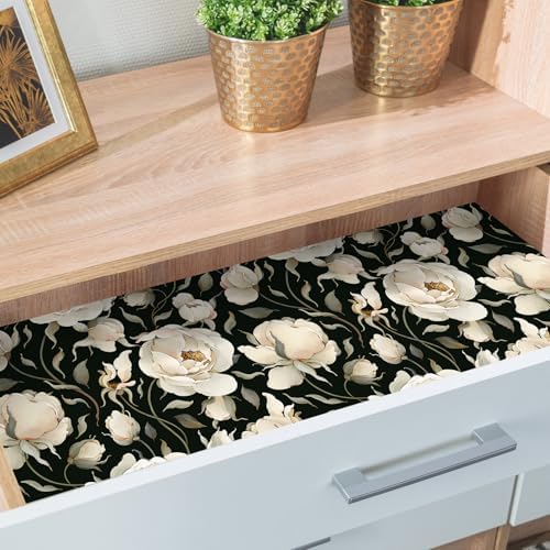 HAOKHOME Adhesive Shelf Liner Cabinet Black Floral Dresser Drawer Liners