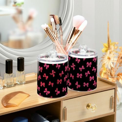 Gredecor 2 Pack Qtip Holder Clear Magenta Bow Polka Dots Apothecary Jars with Lids Acrylic Bathroom Jars Vanity Countertop Canister Storage Organizer for Cotton Ball,Swabs,Pads,Floss