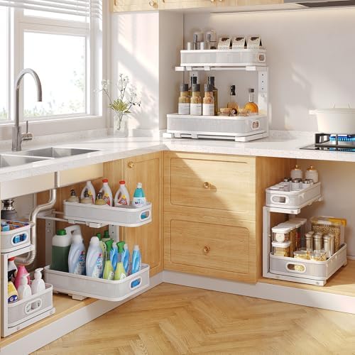 2 Pack Under Sink Organizer With Smooth Cylindrical Rail,2-Tier Pull Out Multi-Purpose Cabinet Storage for Bathroom&Kitchen,Height Adjustable,Rust-resistant Coating-White