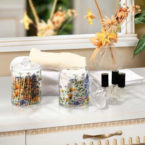 senya Clear Plastic Jars Cotton Swabs Cans, Watercolor Wildflowers Spring Bathroom Canisters Storage Organizer with Lids 2PCs Set for Cotton Ball, Cotton Swab, flossers, Hair Bands