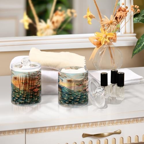 ALAZA Peacock Butterfly Peony 2 Pack Qtip Holder Dispenser for Cotton Swabs, Balls, Pads, Floss 10 oz Plastic Canister Organizer
