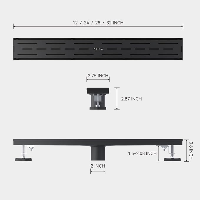ELLO&ALLO 24 Inch Matte Black Linear Shower Drain, SUS304 Stainless Steel Rectangle Shower Floor Drain with Removable Pattern Grate