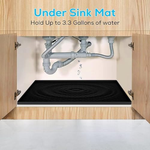 Under Sink Mat for Kitchen, Silicone Waterproof Liner, Flexible Organizer Tray with Drain Hole, 3.4 Gallons Capacity, Easy to Clean