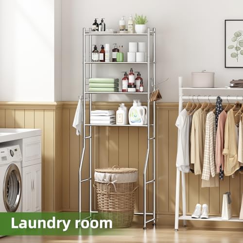 Ekisemio Over the Toilet Storage Cabinet, Metal 4 Tier Bathroom Shelves Over Toilet, Bathroom Oragnizer with 4 Hooks and Paper Holder, Chrome