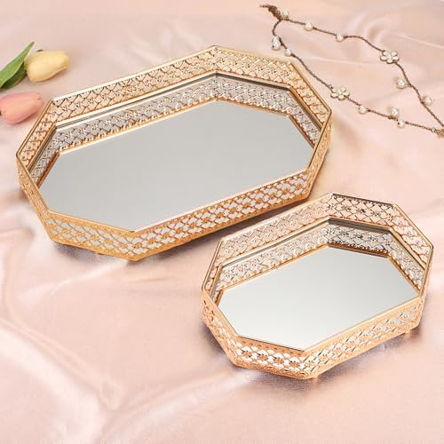Hipiwe Gold Glass Perfume Tray for Dresser Bathroom Makeup Vanity Trays