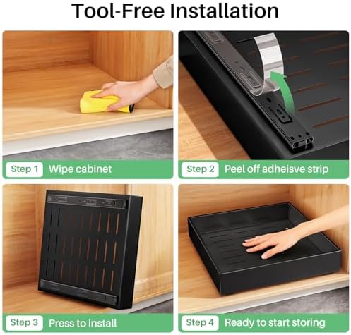 2Pack Pull out Cabinet Organizer, 21"Deep, Heavy Duty Full-extension Slide out Drawers for Kitchen Cabinet, Roll out Shelf Storage with Nano Adhesive for Pots,12"W x 21"D x 3.1"H, Black