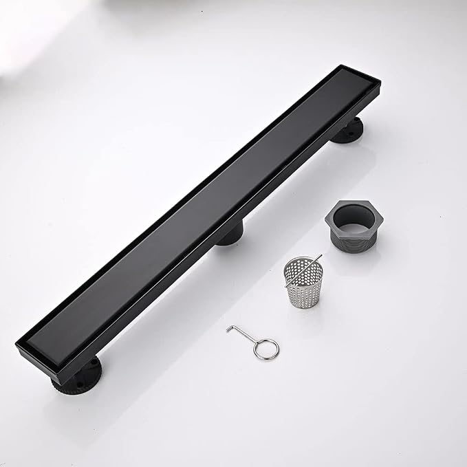AVSIILE Linear Shower Floor Drain, Black 24 Inch 304 Stainless Steel Bathroom Drains Kit, Rectangular Shower Trench Drain with Reversable Tile-in Pattern Drain Cover & Hair Catcher