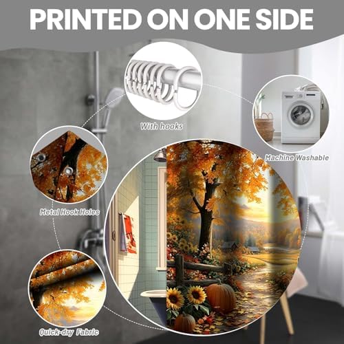 NBVKO Fall Thanksgiving Day Shower Curtain Sets,Autumn Pumpkin Sunflower Bathroom Shower Curtain with Non-Slip Rug Toilet Lid Cover Bath Mat 12 Hooks,Maple Forest Bathroom Decor Set