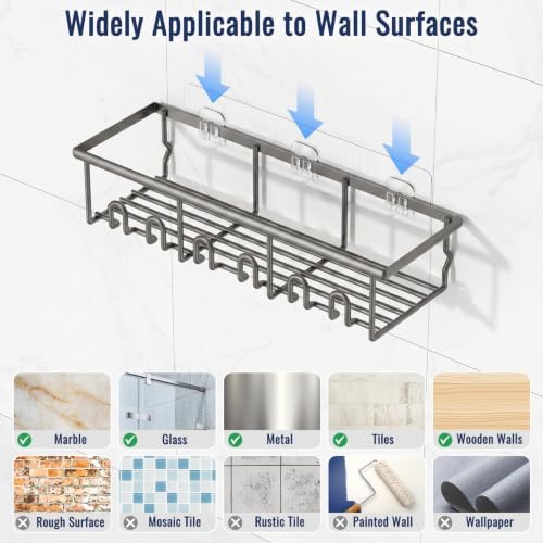 8 Pack Adhesive Rustproof Shower Caddy with Soap Dishes, Toothbrush Holder & Hooks, Large Capacity No-Drilling Shower Shelves Rack for Bathroom Organizers and Storage Accessories, Dark Gray