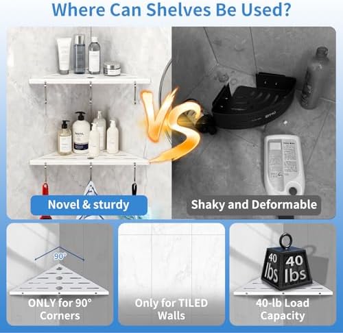 2 Pack 10" 304 Stainless Steel Corner Shower Shelf 6 Hooks 40Lb Drill White