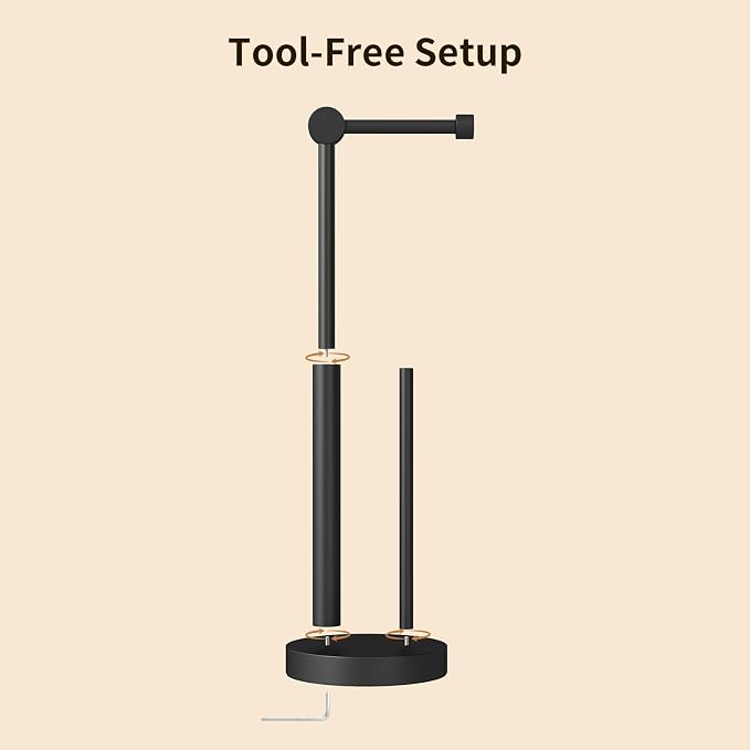 Toilet Paper Holder Stand with Storage & Weighted Base, Matte Black | Free Standing Stainless Steel Design with Open-Ring Arm for Easy Roll Replacement