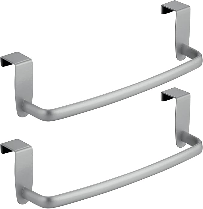 mDesign Steel Metal Wire Over Cabinet Towel Rack Storage Organizer - Hang on Cabinet or Door - Towel Bar Holder for Kitchen - Holds Hand Towels, Washcloths - Spira Collection, 2 Pack, Silver
