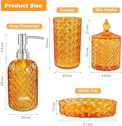 LaMarriti Orange Bathroom Accessories, 4Pcs Clear Glass Bathroom Set