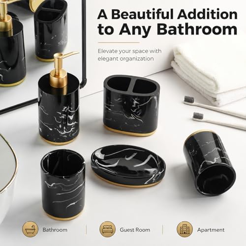 5 Piece Bathroom Accessories Set, Marble Resin Bathroom Set with Soap Dispenser, Toothbrush Holder, Soap Dish and Tumblers, Modern Bathroom Countertop Decor with Gold Accents (Black)