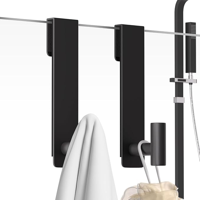 Shower Door Hooks, (7.5 Inch) Extended Towel Hooks for Bathroom Frameless Glass Shower Door, Stainless Steel Heavy Duty Hooks for Hanger Robe,Towel (Black ''T'' Shape 2 Pack)