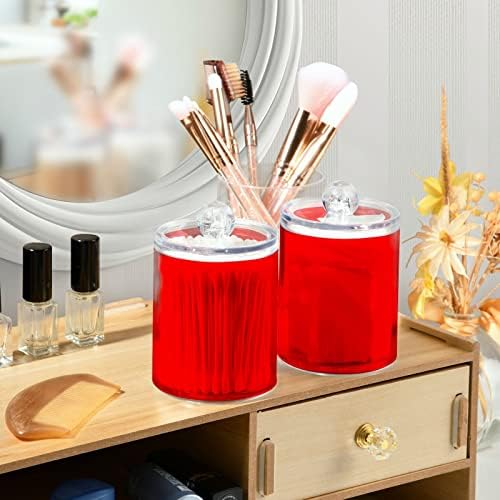 SHJI Red Qtip Holder Organizer Dispenser Cotton Swabs Cans Plastic Jars with Lid Set 4 Pack Bathroom Storage Canister for Cotton Ball Floss Cotton Pads
