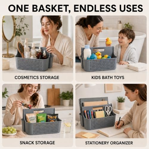 Haundry Portable Shower Caddy Basket, 2 Compartments Plastic Cleaning Caddy Organizer, Large Storage Tote with Handle for Bathroom, College, Dorm Room Essentials, Grey