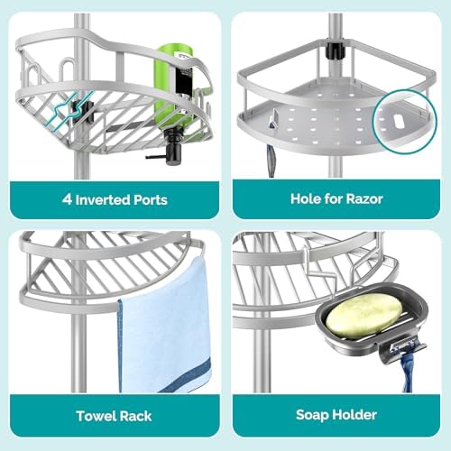 HAMITOR Corner Shower Caddy Tension Pole: Rustproof Stable 4-Tier Bathroom Organizer Shelves for Bathtub Shampoo Storage - 47-121 Inch Quick Install Adjustable Shelf with Soap Rack - Silver Gray
