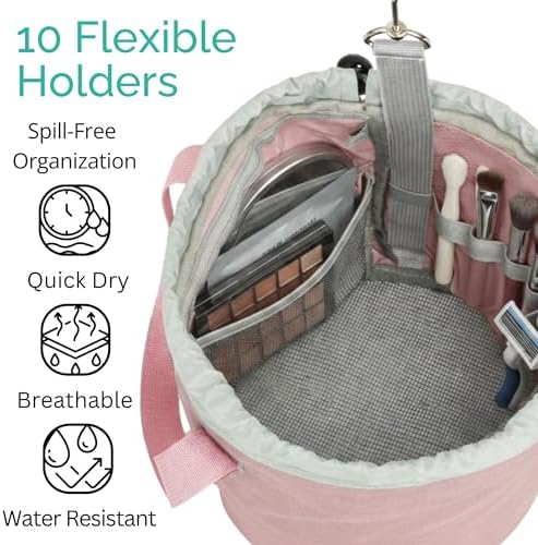Quick Dry Mesh Shower Caddy for College Dorms – Lightweight Shower Caddy Mesh with Drawstring Top, Breathable Mesh Bottom, Multiple Pockets with Zippers for Cruise Essentials for Shower(Blush Pink)