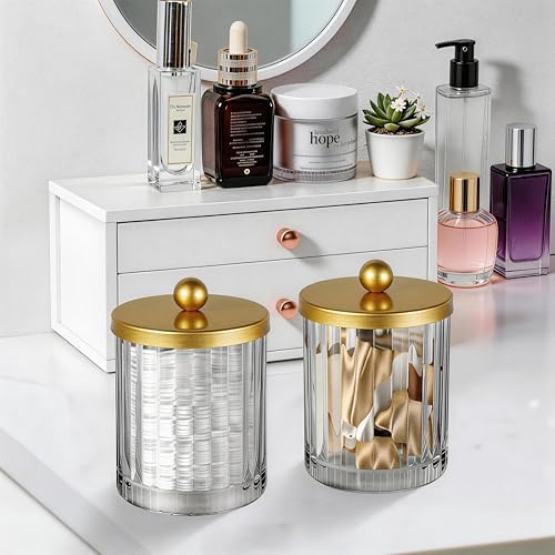 Amolliar Qtip Holder for Bathroom, Clear Glass Apothecary Jar(Gold 4 Pack)