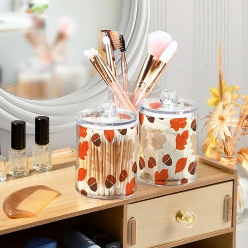 DOMIKING Acorn Autumn Leaves Beige 2 Pack Cotton Swab Holder Dispenser Plastic Jar Bathroom Storage Canister Acrylic Containers for Cotton Ball Swab Round Pads