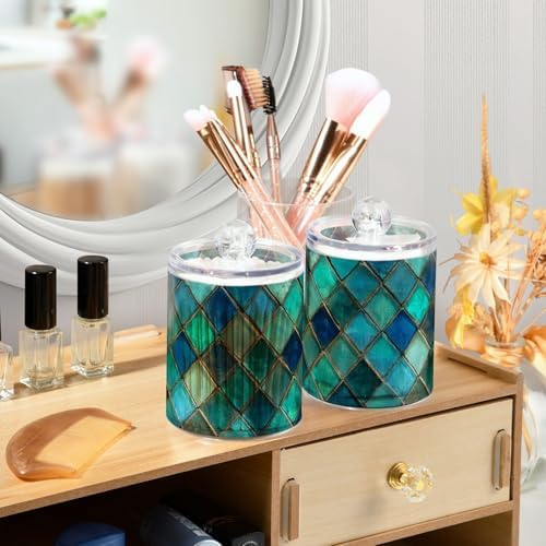 Turquoise Glass Mosaic Qtip Holder Dispenser Teal Geometric Bathroom Canister Storage Organization 4 Pack Clear Plastic Apothecary Jars with Lids Vanity Makeup Organizer For Cotton Swab Ball Floss