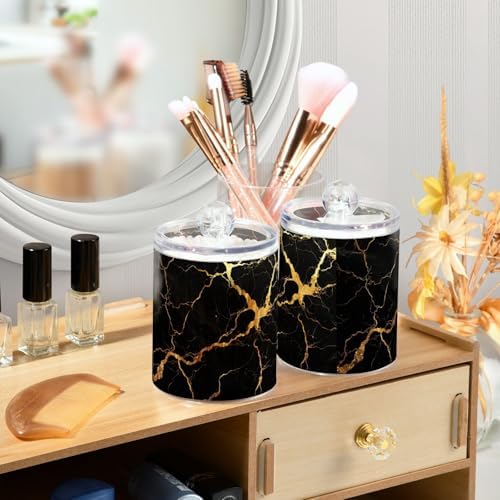 Gredecor Qtip Holder Dispenser 2 Pack Gold Black Marbling Bathroom Decorative Storage Canister Holder Counter Vanity Organizer for Cotton Ball Swabs Pads Floss