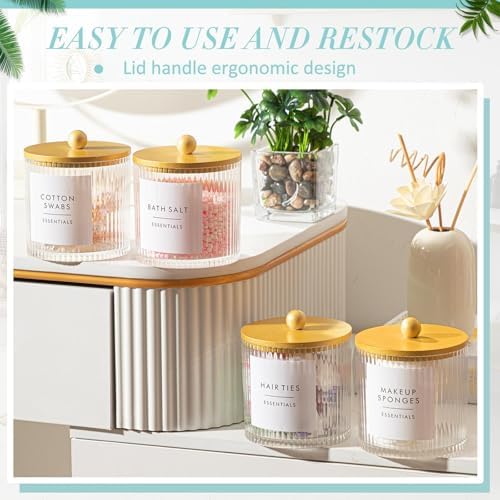 6 Pcs Plastic Holder Dispenser Bathroom Jars with Bamboo Lids, Golden