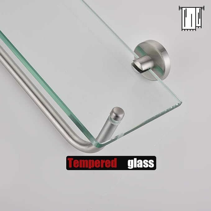 JQK Bathroom Glass Shelf, Shelf with 15 Inch Towel Bar Tempered Glass Shower Storage 16 by 5 inches, 304 Stainless Steel Brushed Finish Wall Mount, TGS100-BN