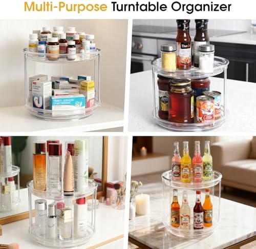 2 Pack Medicine Cabinet Organizer, Rotary Turntable Organizer for Medicine and Vitamin Bottles, Under Sink Organizer for Medicine, Bathroom Cabinet Storage, Easy Assembly, Transparent Clear