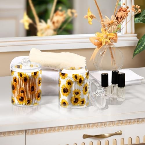 2 Pack Plastic Qtips Holder Sunflower Bathroom Organizer Canisters for Cotton Balls/Swabs/Pads/Floss,Plastic Apothecary Jars for Vanity
