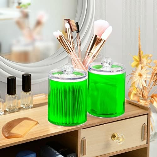 SHJI Green Qtip Holder Organizer Dispenser Cotton Swabs Cans Plastic Jars with Lid Set 2 Pack Bathroom Storage Canister for Cotton Ball Floss Cotton Pads