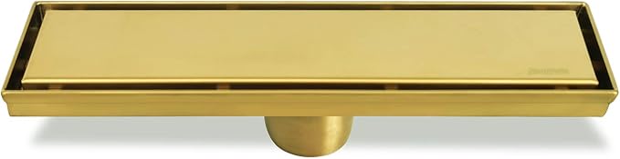 Neodrain 12-Inch Gold Linear Shower Drain, 2-in-1 Flat & Tile Insert Cover, Stainless Steel Linear Drain, Brushed Brass Rectangle Shower Floor Drain with Hair Strainer, Watermark&CUPC Certified