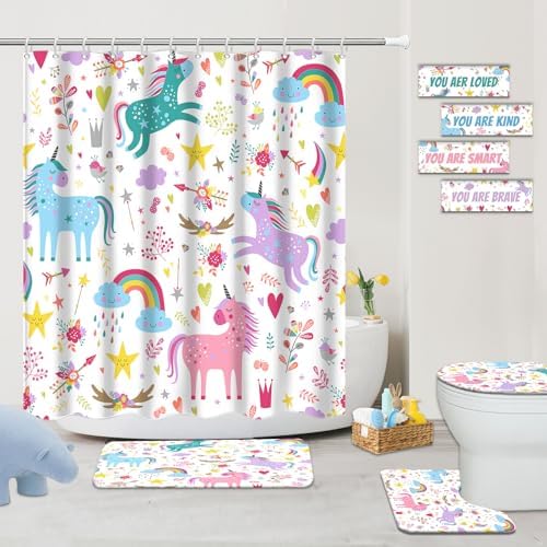 Unicorn Bathroom Set Colorful Pink 4 Pcs Shower Curtain Sets with Non-Slip Rugs Toilet Lid Cover and Bath Mat Set, Girls Ttoddler Bathroom Decor with 12 Hooks