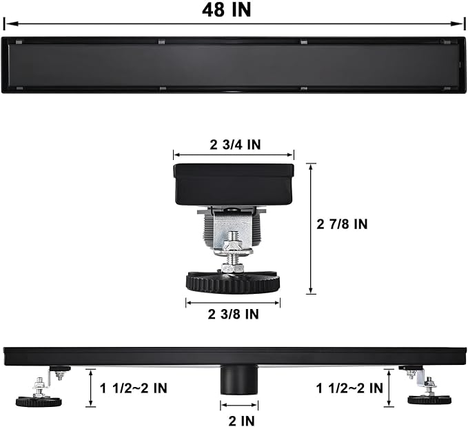 AVSIILE Linear Shower Floor Drain, Black 48 Inch 304 Stainless Steel Bathroom Drains Kit, Rectangular Shower Trench Drain with Reversable Tile-in Pattern Drain Cover & Hair Catcher