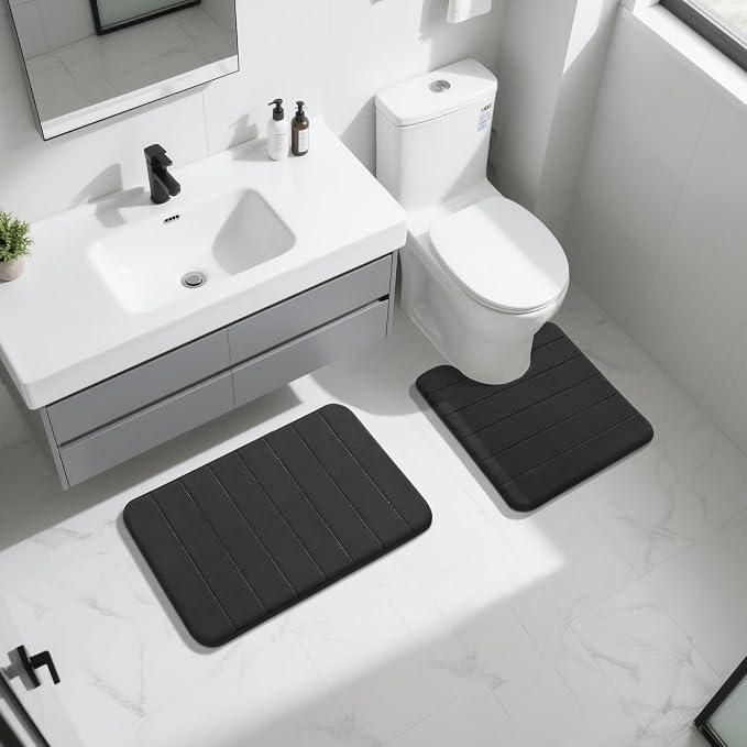 Yimobra Memory Foam Bath Mat Set 2 Piece - Super Soft Absorbent Quick Dry Bathroom Toilet Rugs, Machine Washable Non Slip Floor Carpet for Tub Shower & Single Sink (31.5x20 & 24x20, Black)