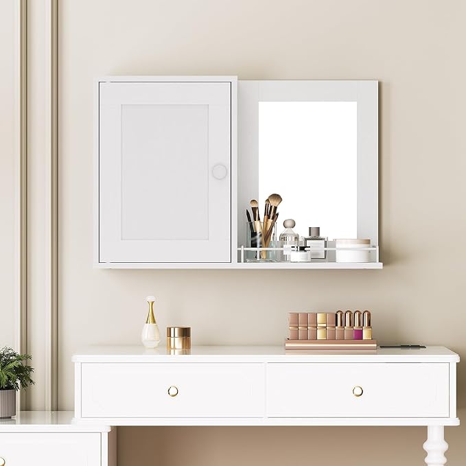 YATINEY Medicine Wall Cabinet with Mirror, Bathroom Mirror with Storage, Medicine Cabinet Mirror, Wall Mounted Home Storage, Adjustable Shelf, for Laundry Room, Bedroom, Camper, Hallway, White