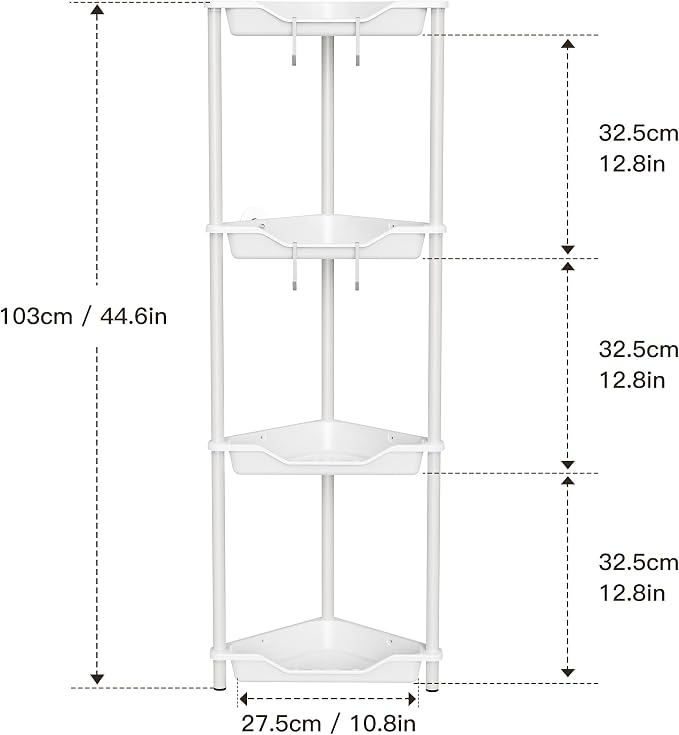 Orimade Rustproof 4 Tier Floor Standing Corner Shower Caddy Organizer, Plastic Metal Splicing Floor Corner Shelf Rack Stands for Bathroom, White