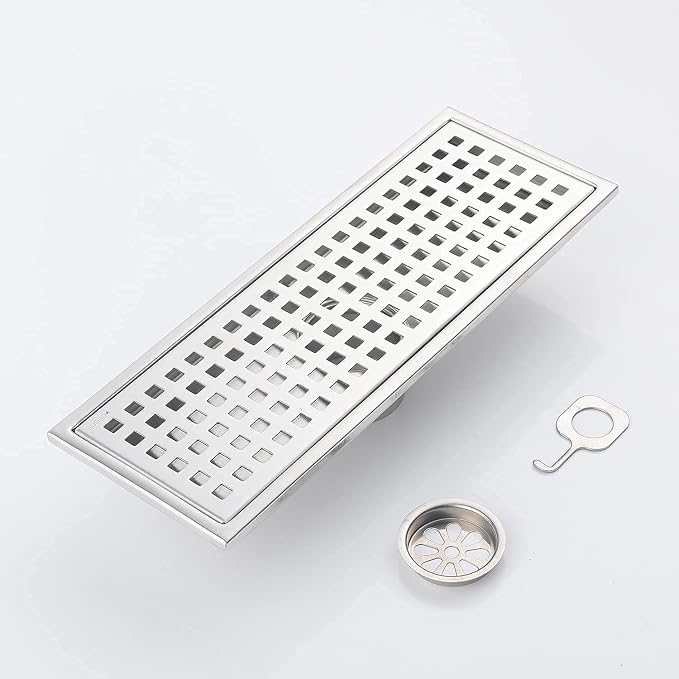 12 Inch Rectangular Shower Floor Drain, Detachable to Insert The Mesh Grille Cover, SUS304 Stainless Steel, Brushed Nickel