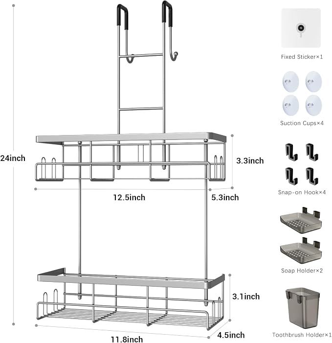 Aitatty Hanging Shower Caddy Over Door: No Drill Rustproof Shower Shelf | Includes Hooks & Soap Holders for Shampoos, Conditioners and Bathroom Essentials, Anti-Slip for Any Shower Room