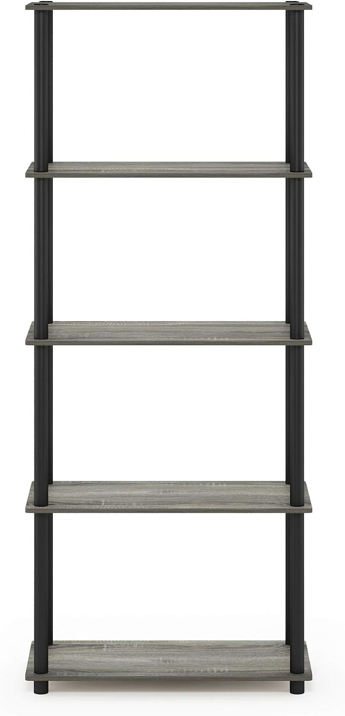 Furinno TURN-N-TUBE Storage Shelves, 5-Tier Book Shelf, Corner Shelf, Toolless Open Shelves, for Organization and Storage, Living Room, Garage, Home Office, French Oak