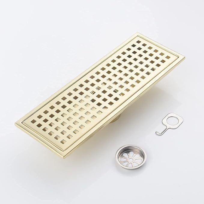 12 Inch Rectangular Shower Floor Drain, Can Be Detachably Inserted Into The Mesh Grille Cover, SUS304 Stainless Steel, Brushed Gold